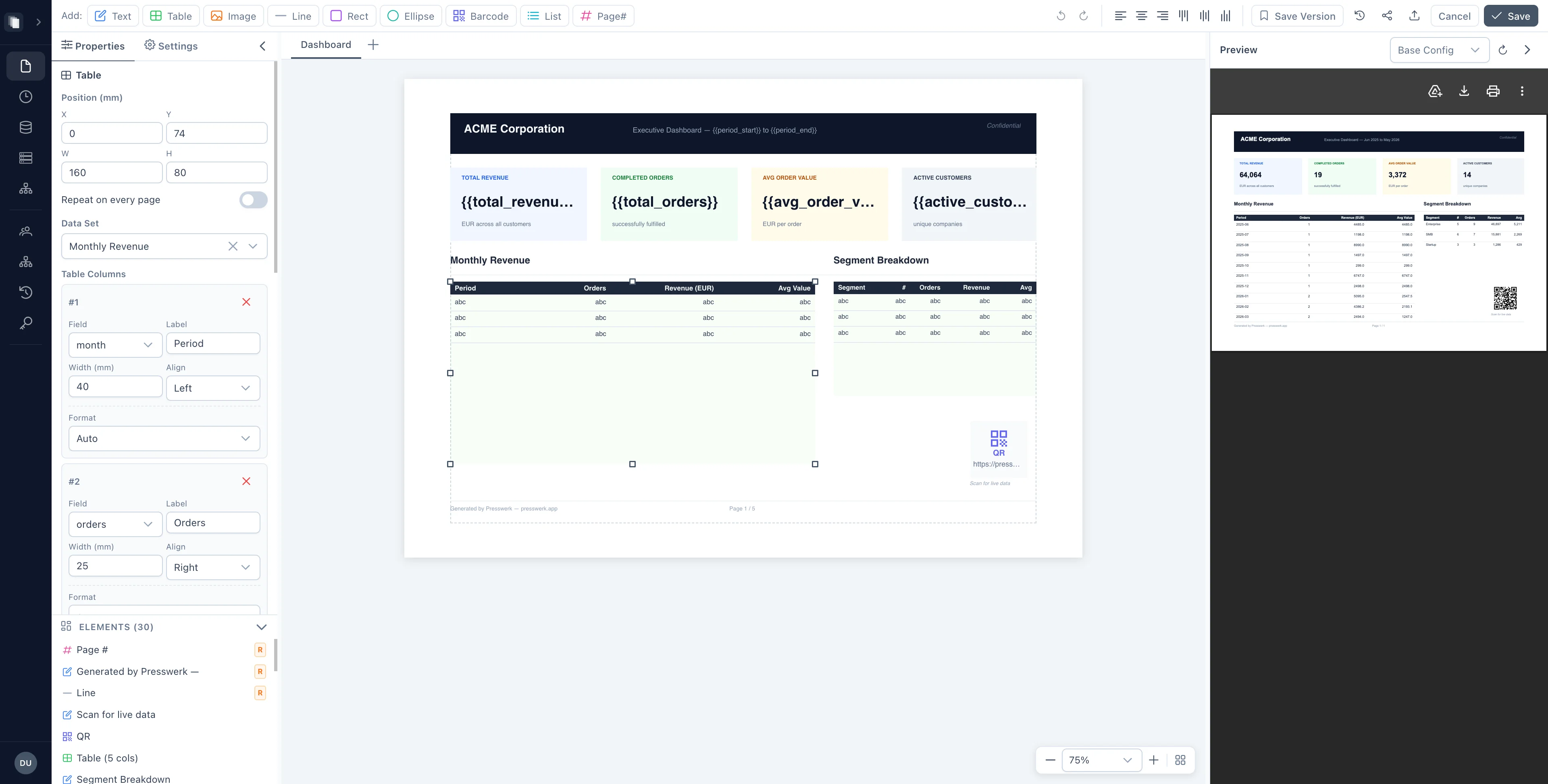 Report designer with canvas, toolbar, data binding, and live preview